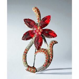 Vintage Red Garnet Brooch Flower Floral Silver Tone Bouquet Pin Leaves 2 in
